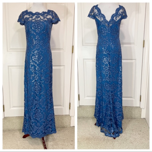 Tadashi Shoji PAILLETTE EMBROIDERED LACE CAP SLEEVE GOWN - Picture 3 of 10